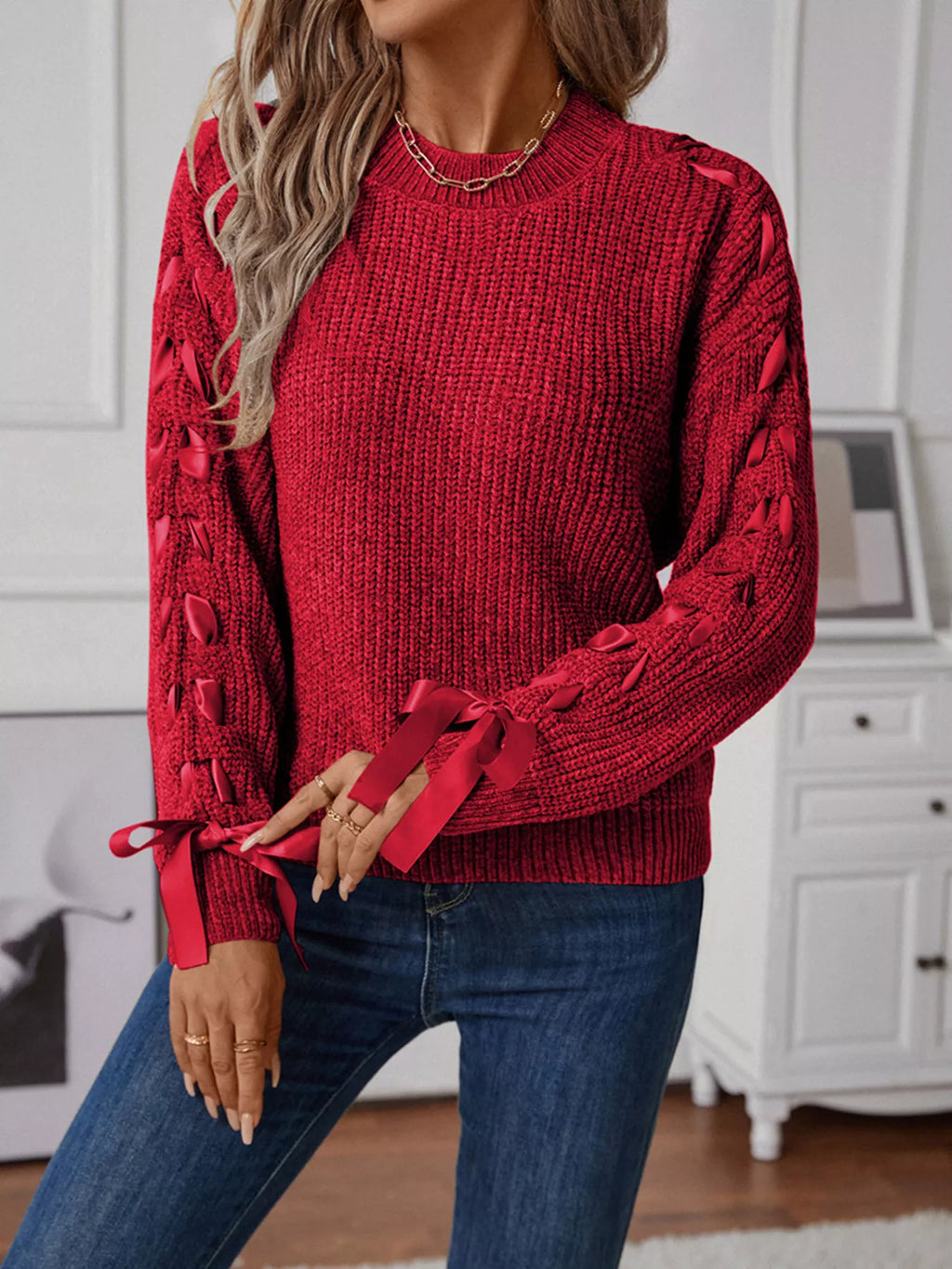 Ribbon-Tie Sleeve Round Neck Sweater
