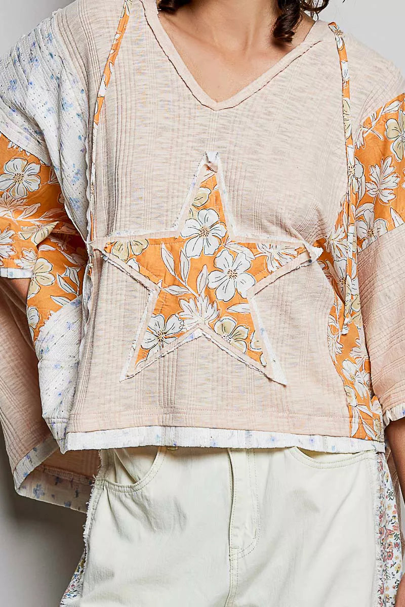 POL Floral Star Patch Hooded Blouse with Lace Contrast Detail