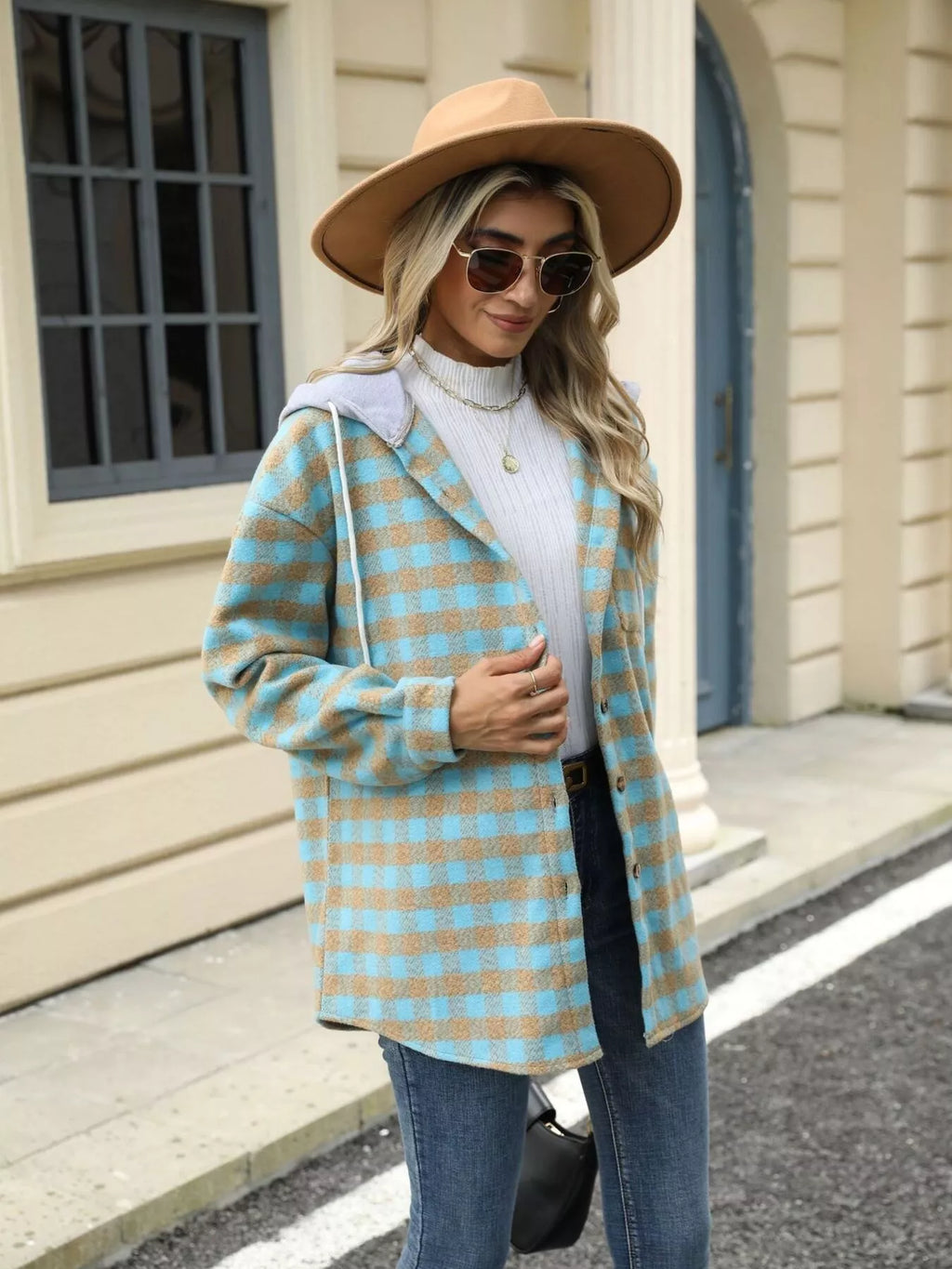Plaid Button Up Long Sleeve Drawstring Hooded Jacket