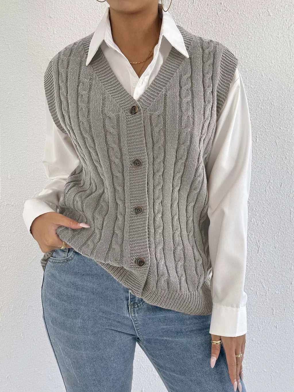 Cable-Knit Button-Up Sweater Vest