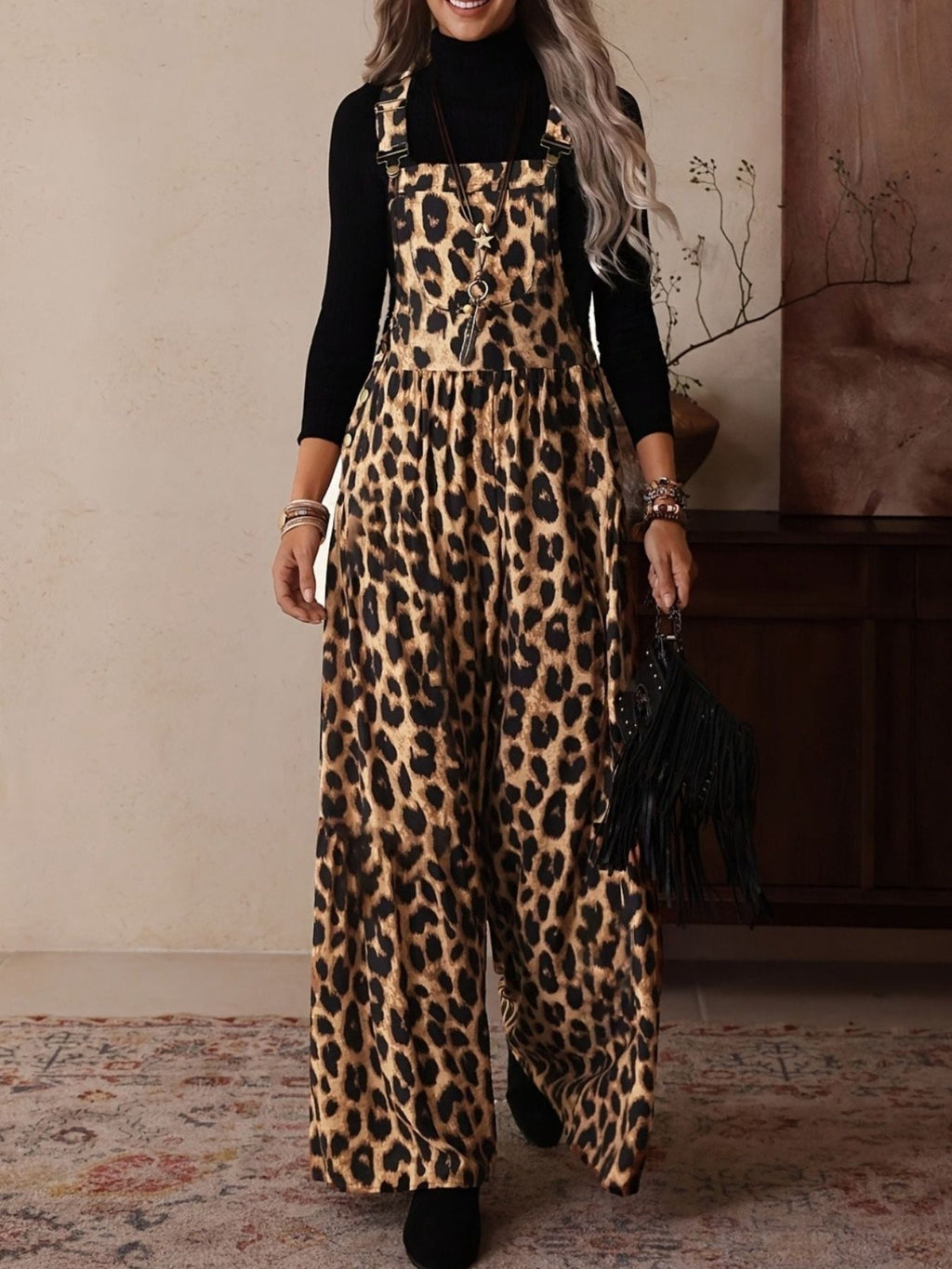 Leopard Print Wide Leg Overalls