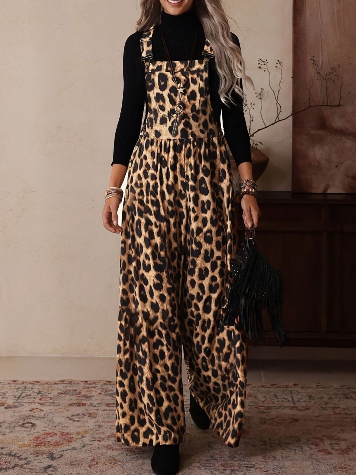 Leopard Print Wide Leg Overalls
