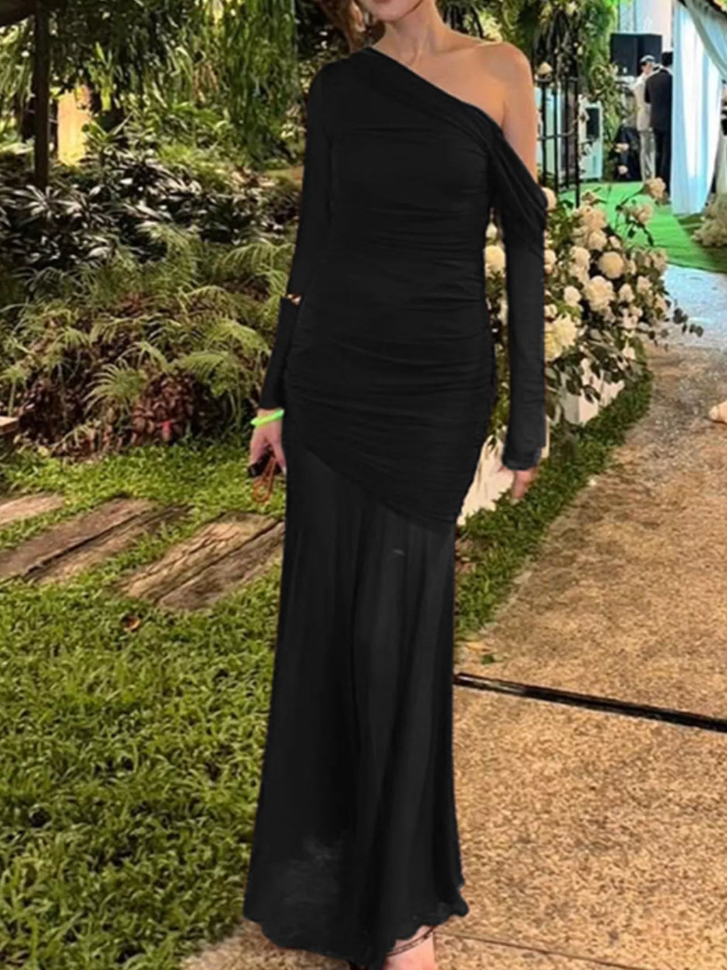 One-Shoulder Ruched Mesh Maxi Dress