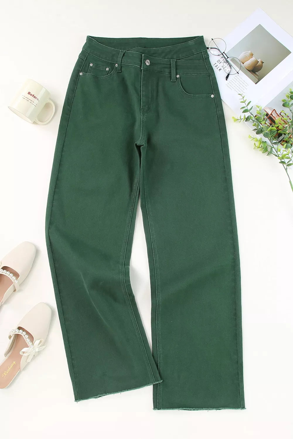 Crossed Waist Raw Hem Shift Jeans