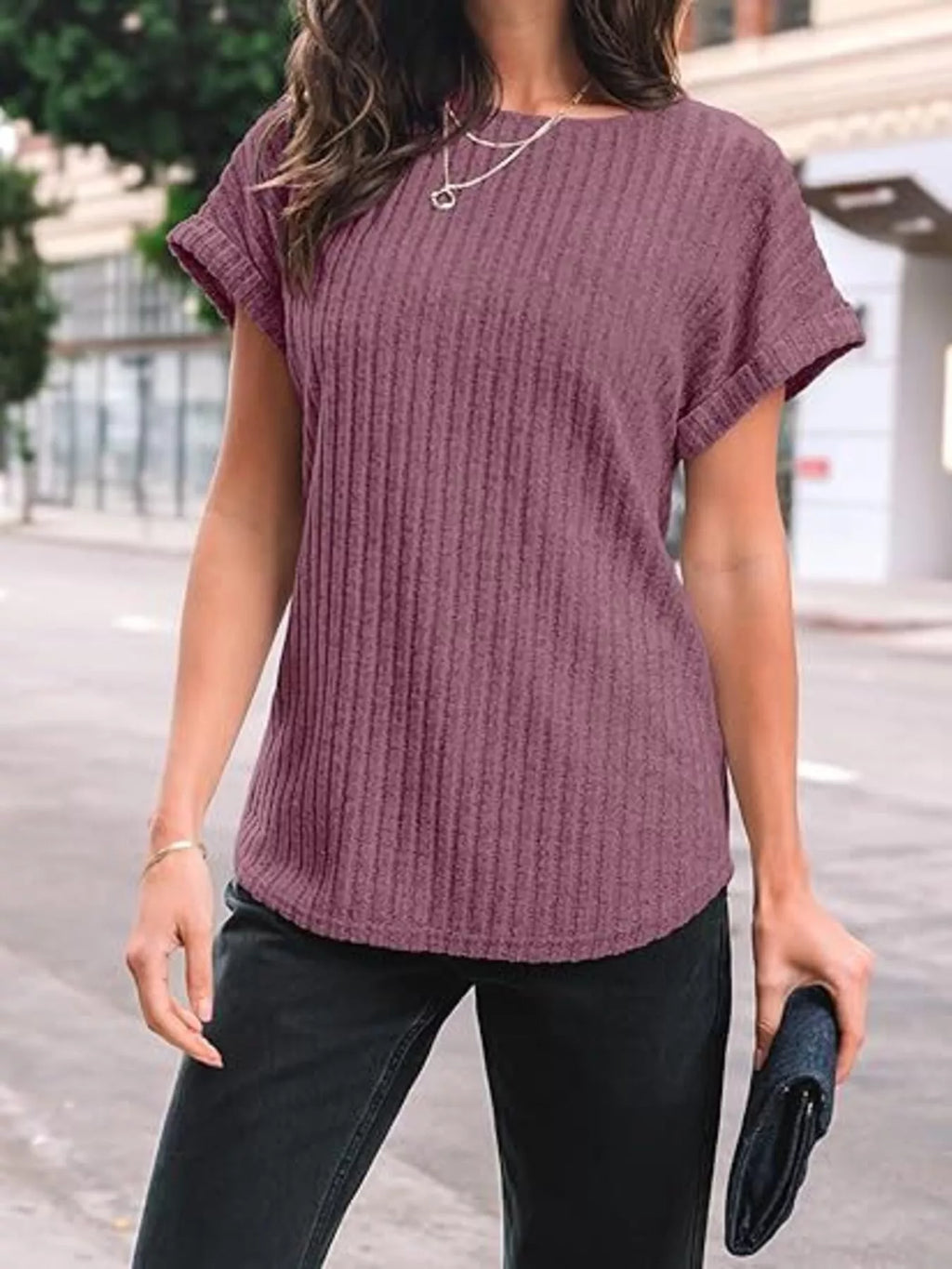 Casual Ribbed Knit Short Sleeve T-Shirt