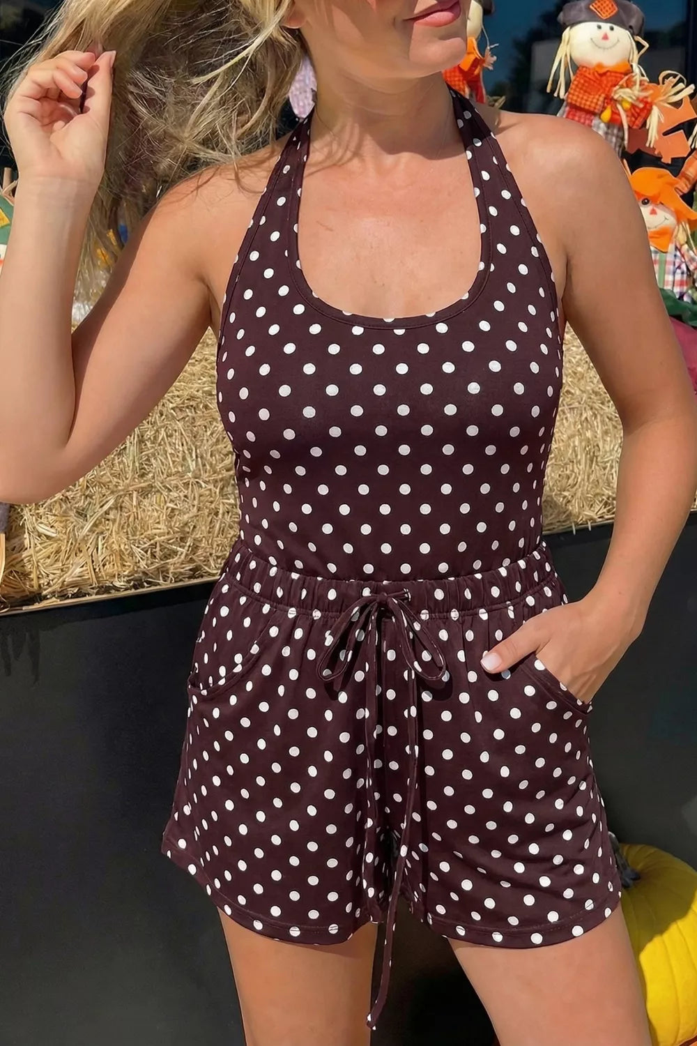Polka Dot Halter Tank Drawstring Elastic Waist Short Set