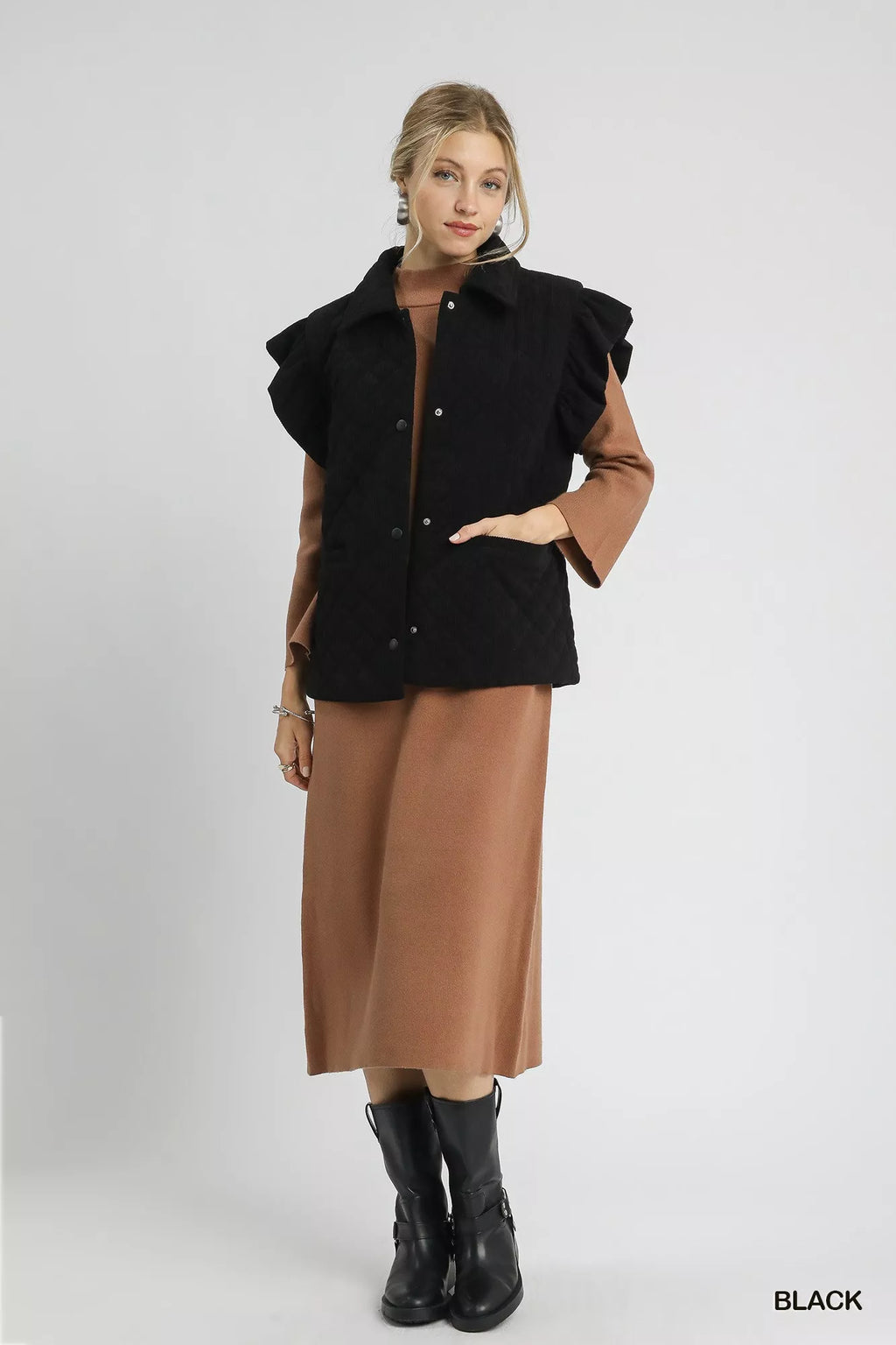 Umgee Corduroy Quilted Ruffle Sleeve Vest