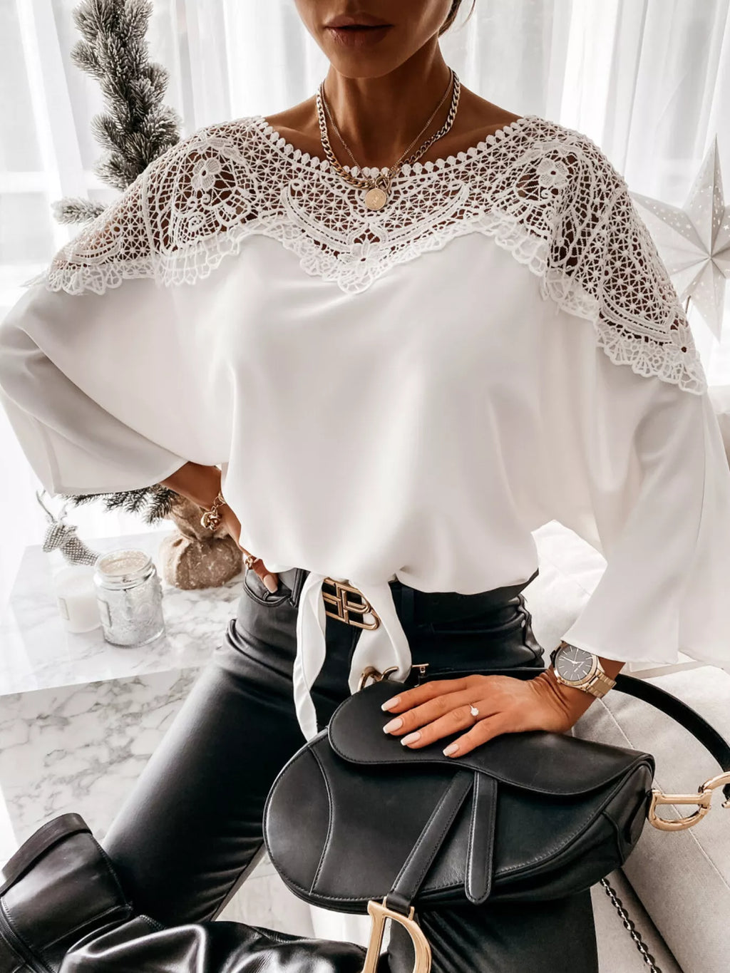 Lace Trim Long Sleeve Blouse