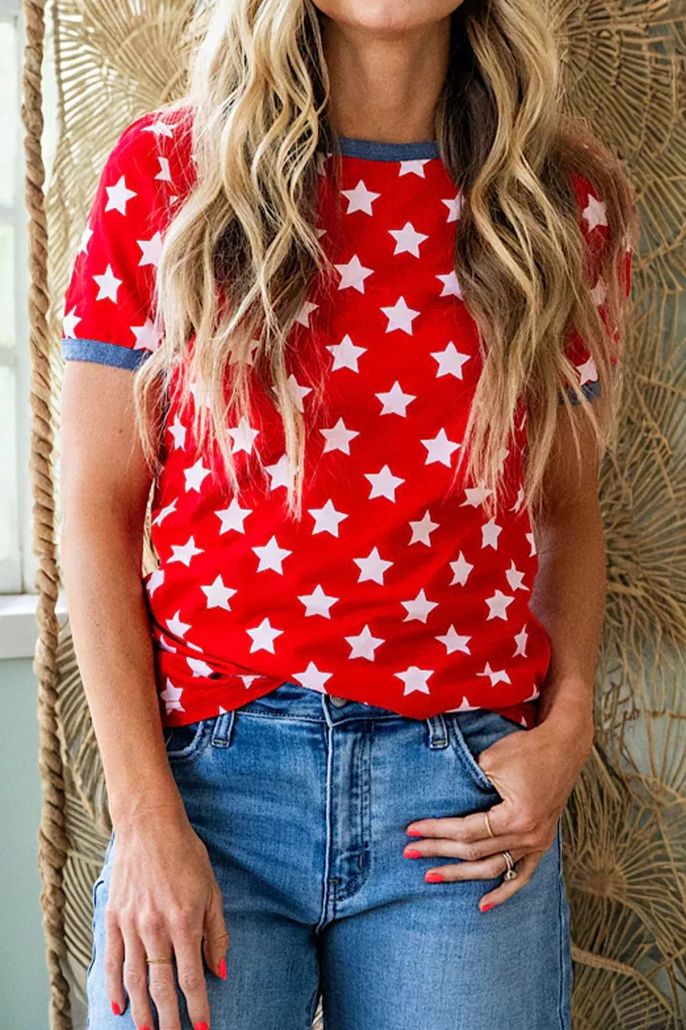 Stars Print Colorblock Binding Tape Collar Cuff Viscose Tunic Top