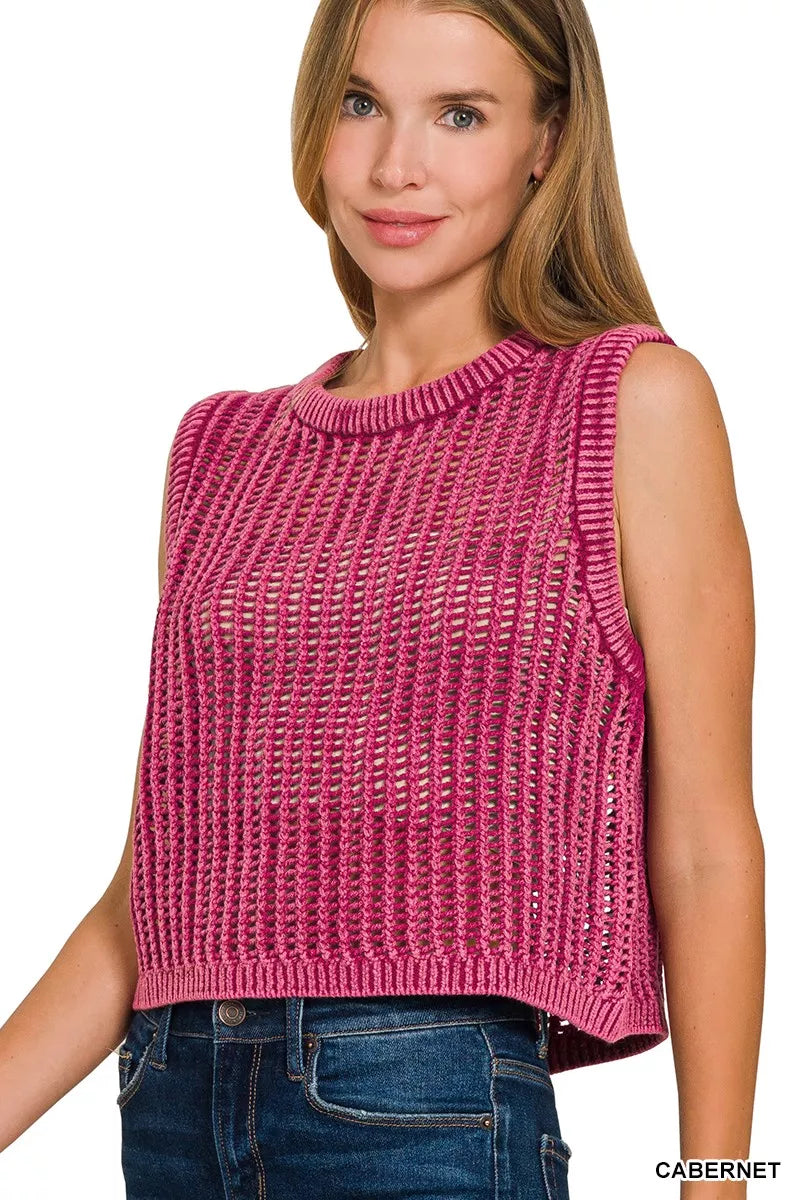 Zenana Acid Washed Fishnet Sweater Vest