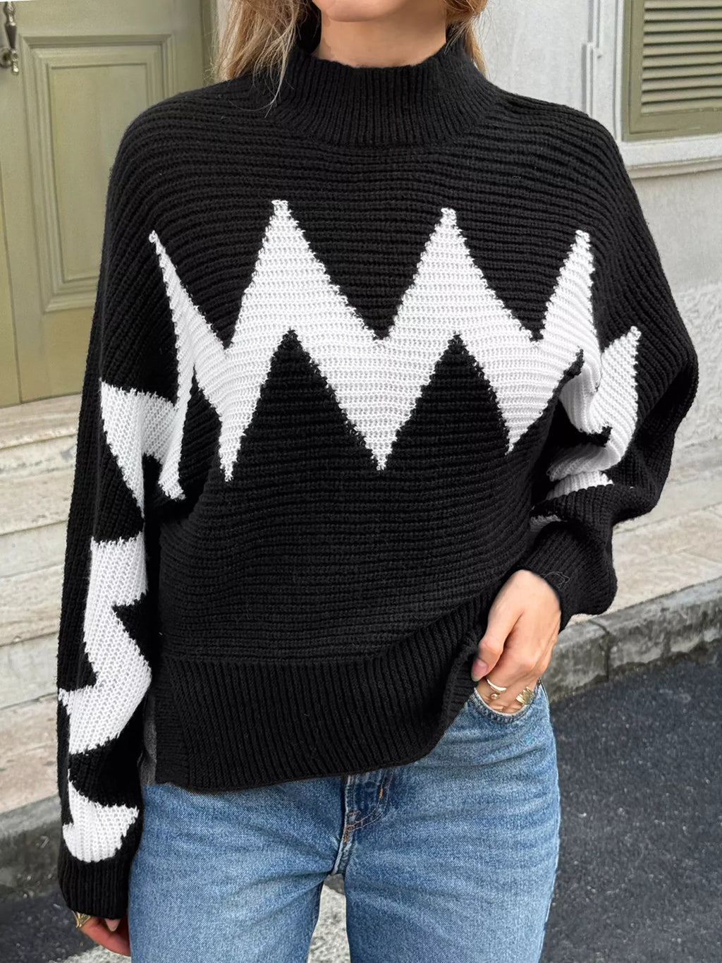 Zigzag Pattern Mock Neck Sweater