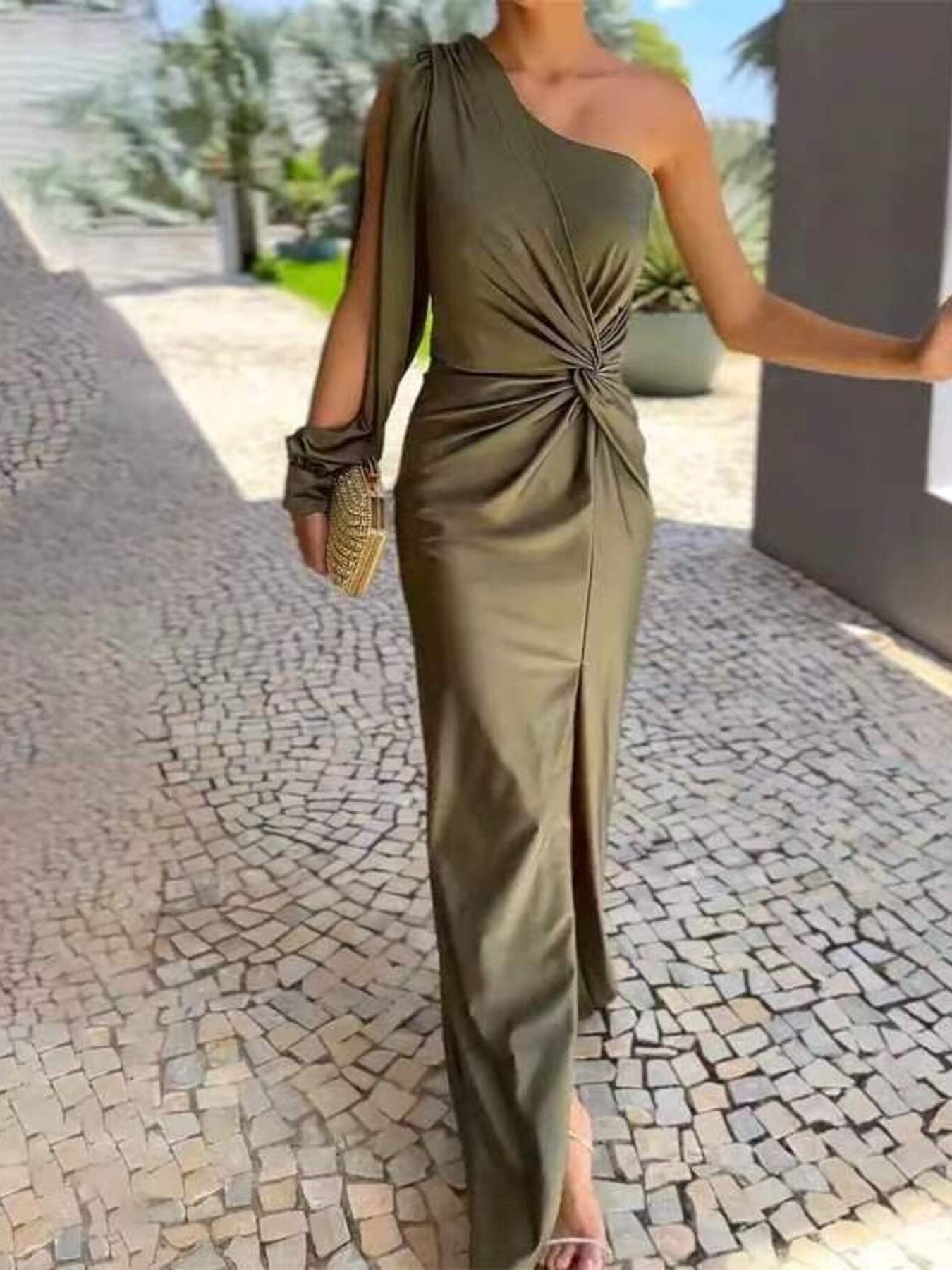 Full Size One-Shoulder Knot Detail Slit Maxi Dress Plus Size