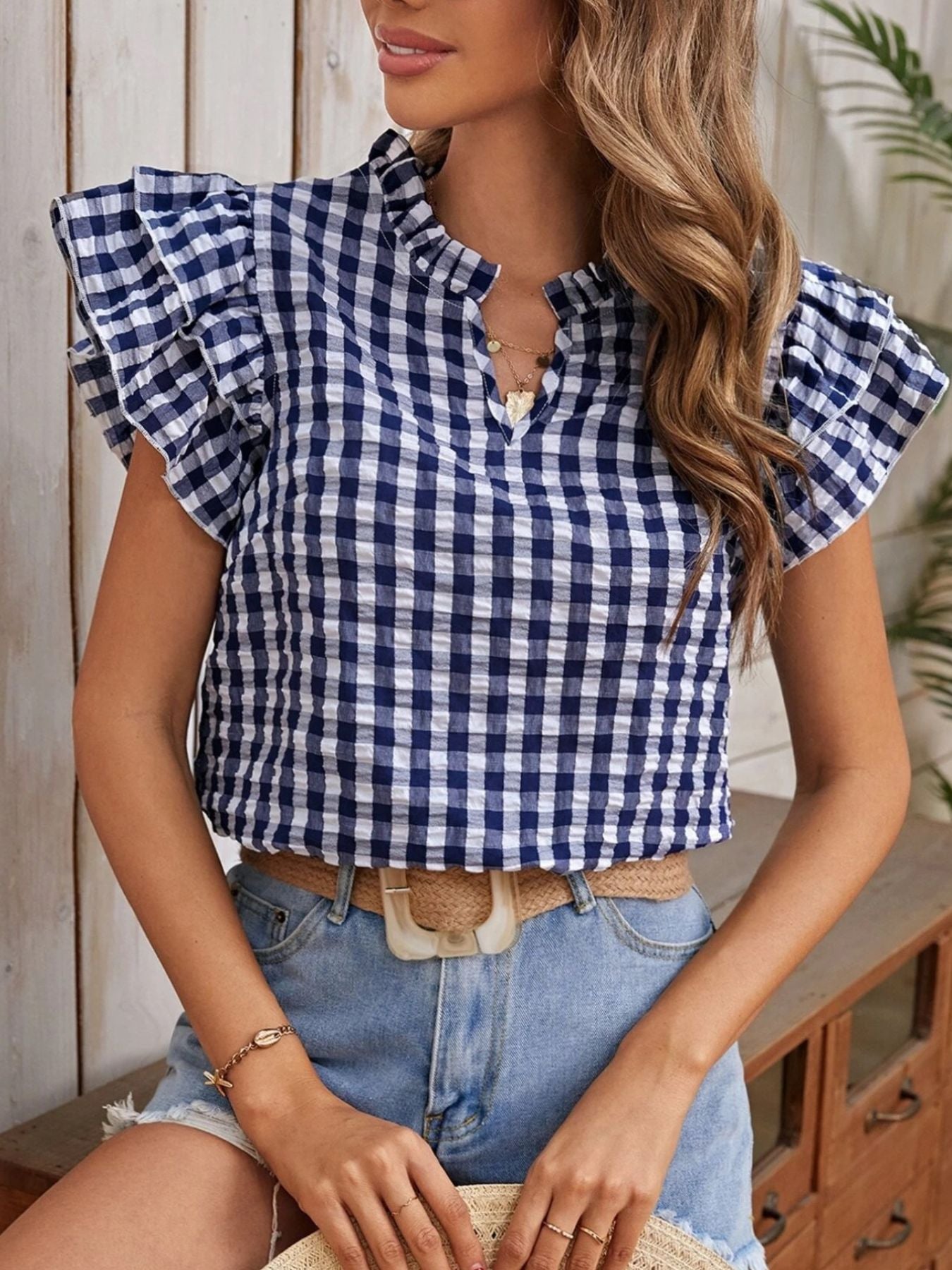 Gingham Ruffle Sleeve Blouse
