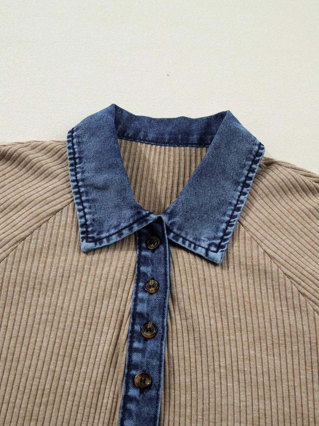 Ribbed Knit Denim Trim Button Detail Top