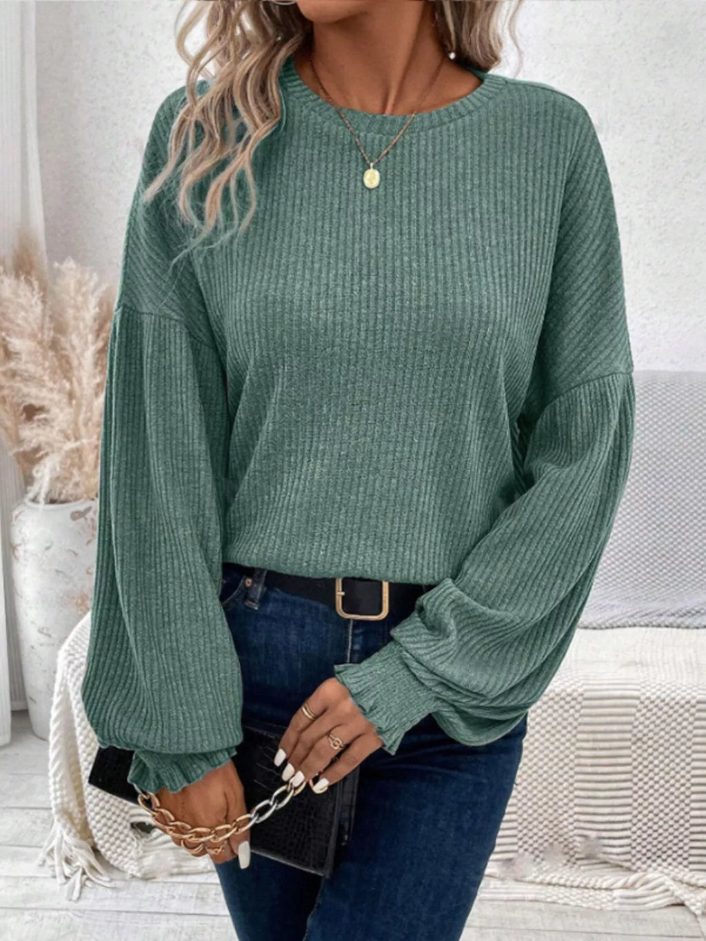 Ribbed Knit Long Sleeve T-Shirt