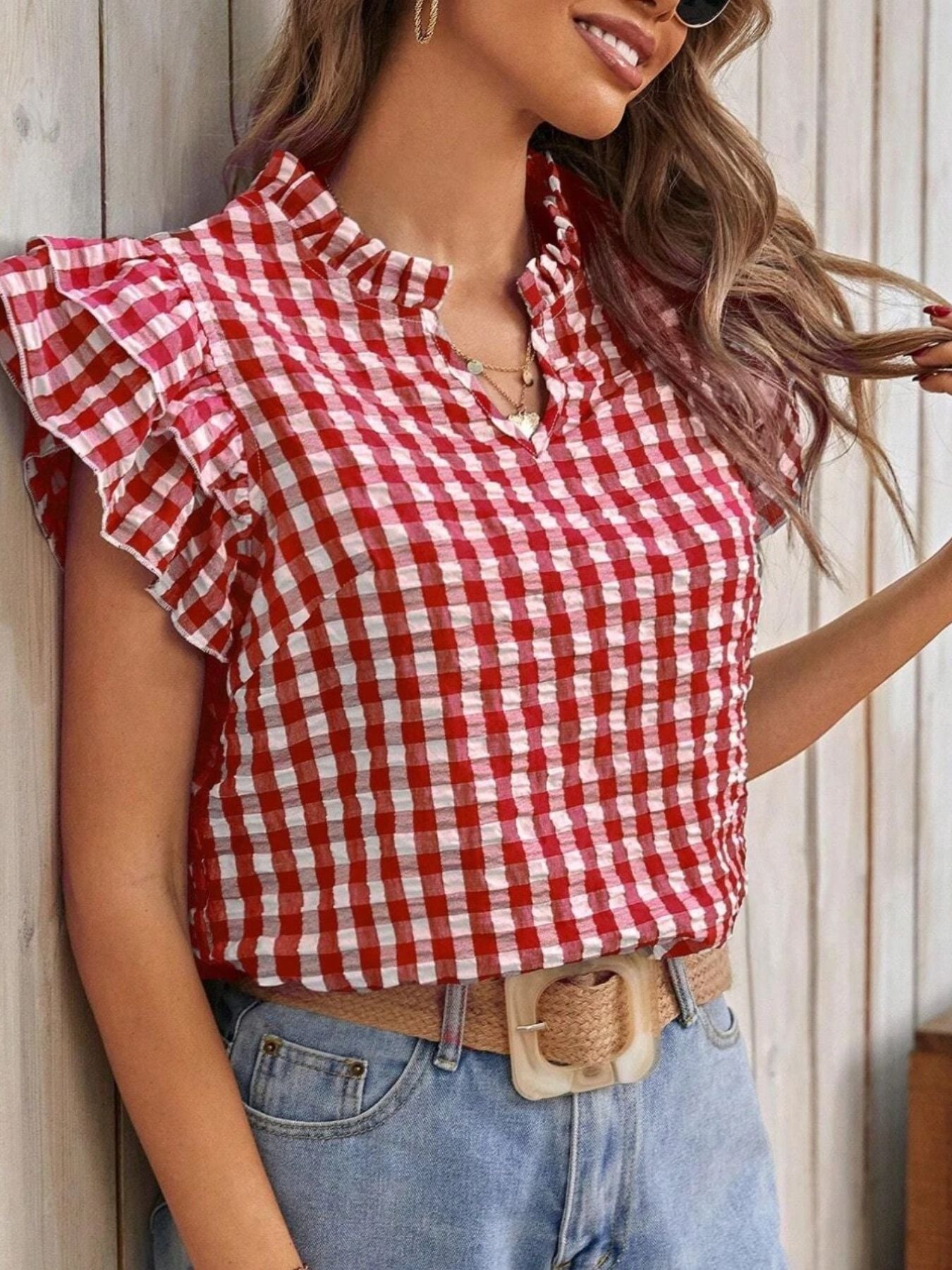 Gingham Ruffle Sleeve Blouse