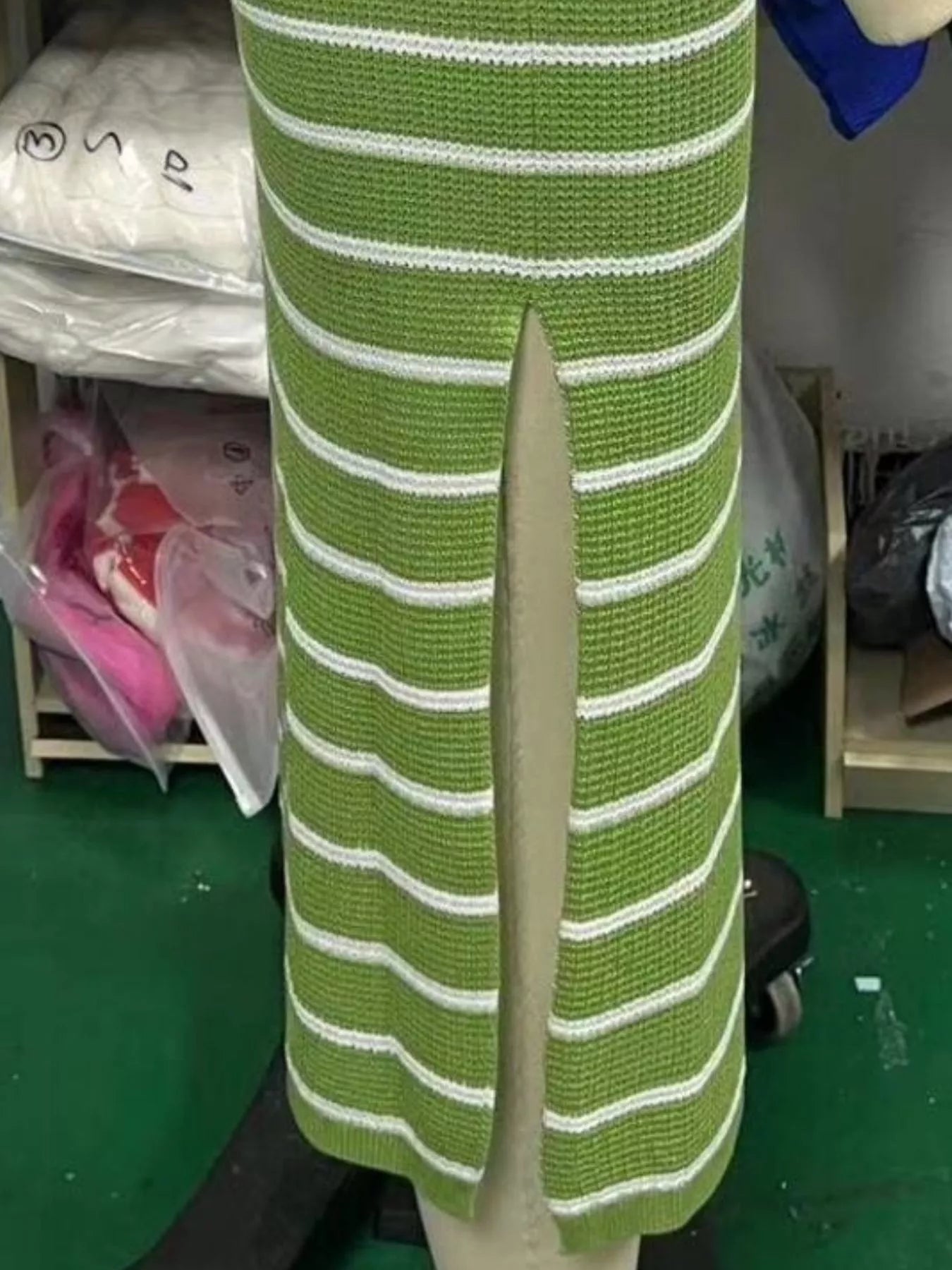 Striped Knit Slit Short Sleeve Midi Dress