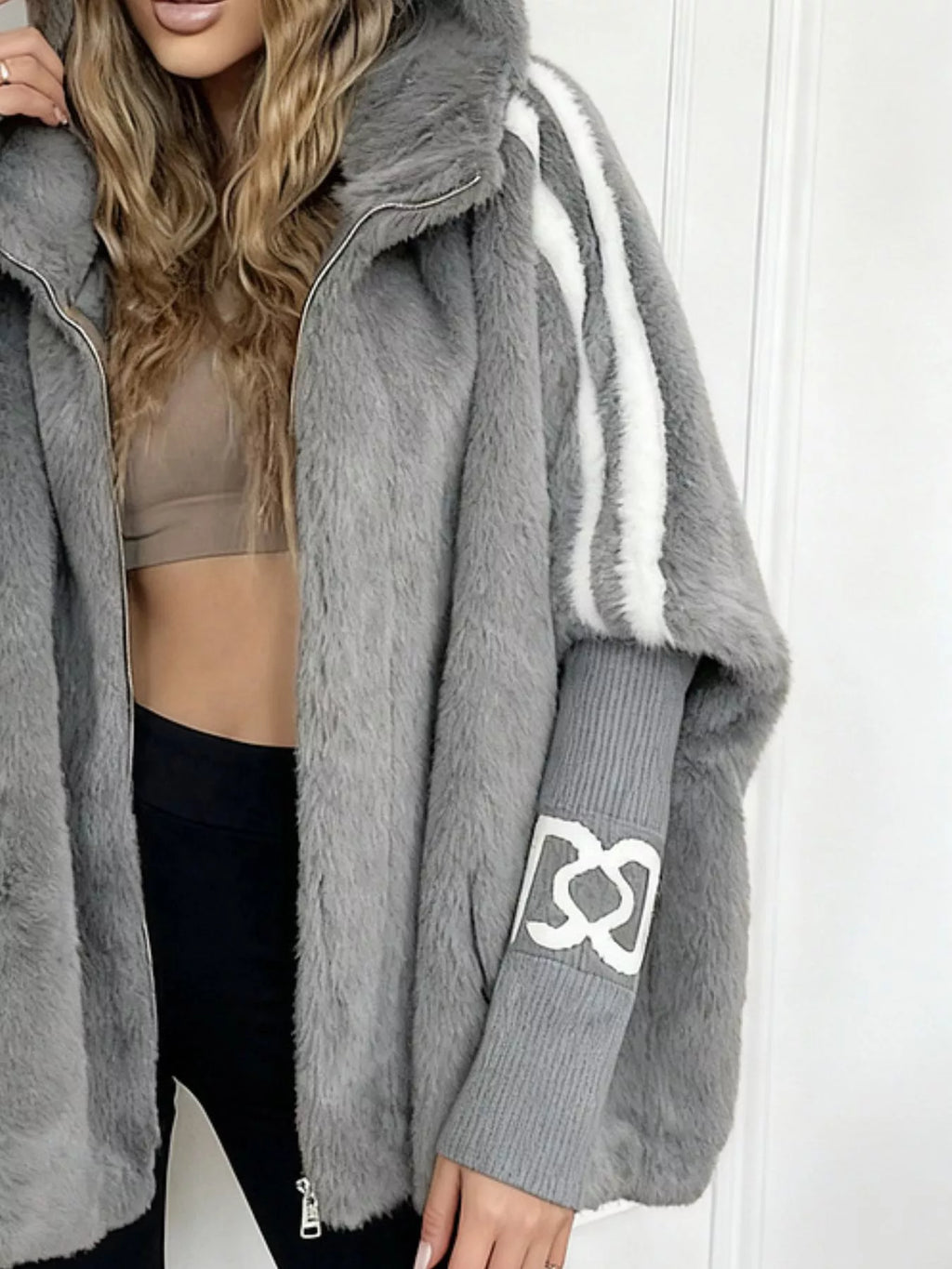 Hooded Faux Fur Striped Trim Outerwear