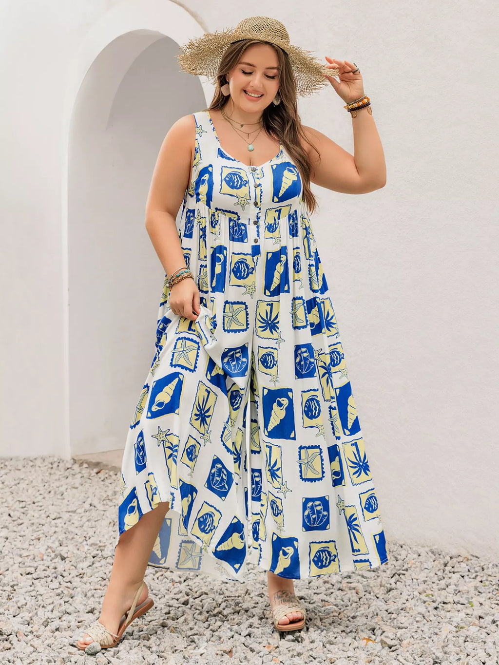 Plus Size Nautical Print Sleeveless Jumpsuit