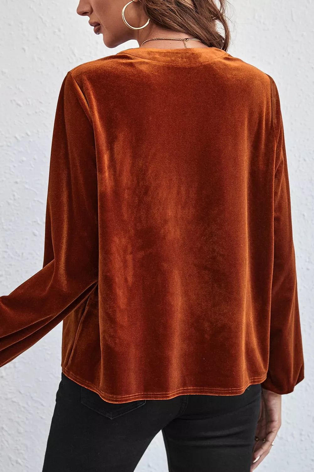 Velvet Button-Front Long Sleeve Blouse
