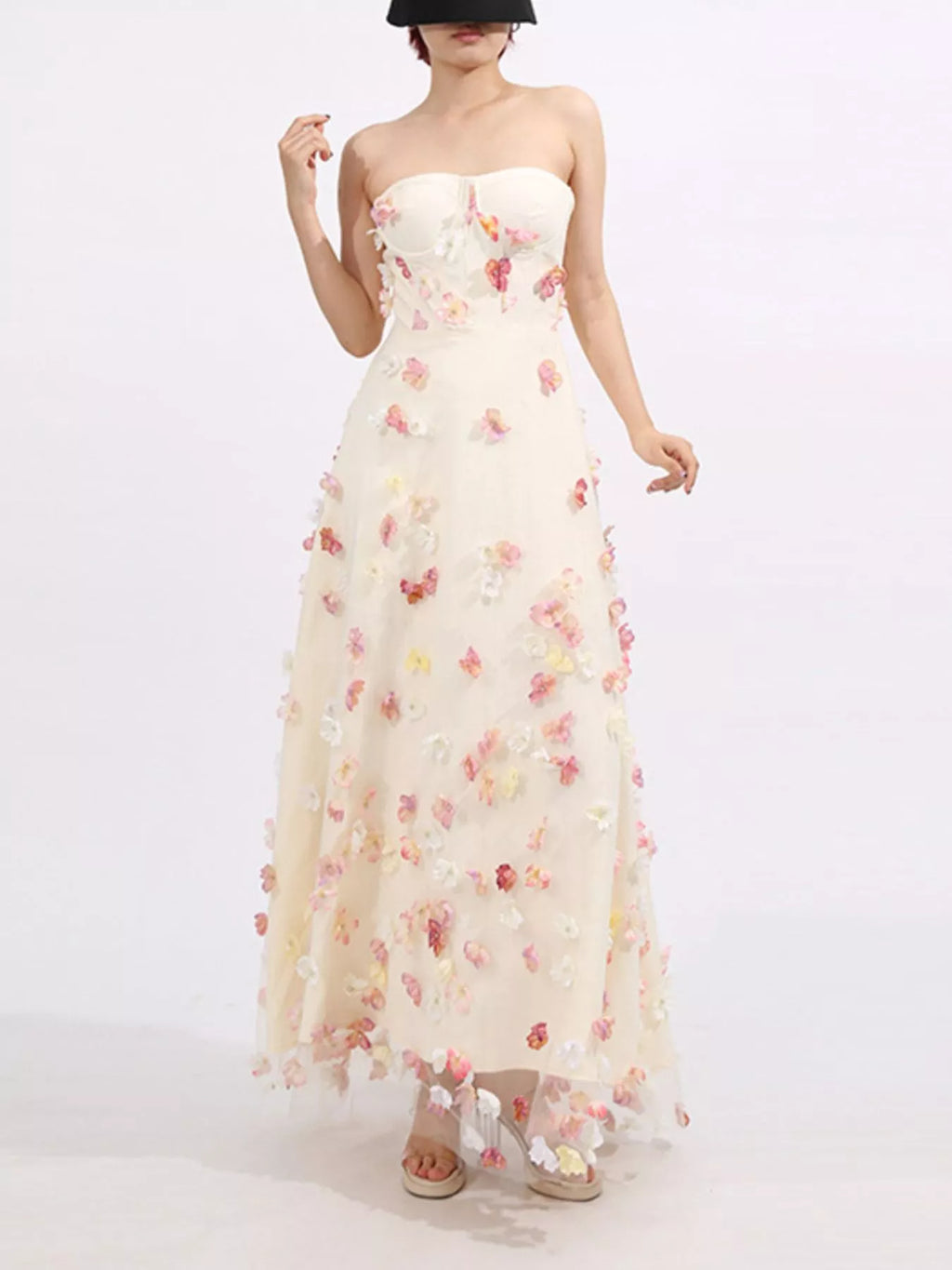 Floral Applique Strapless Tulle Maxi Dress