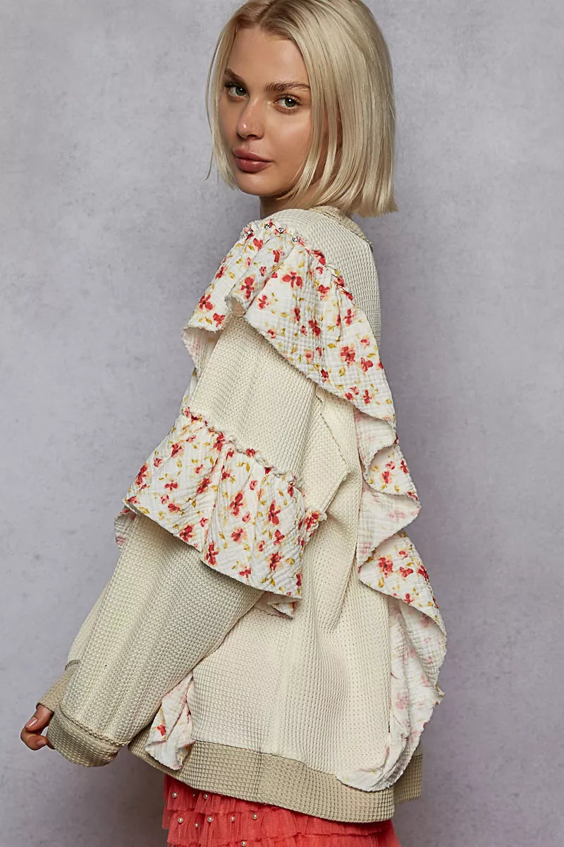 POL Round Neck Sweater with Floral Ruffle Detail