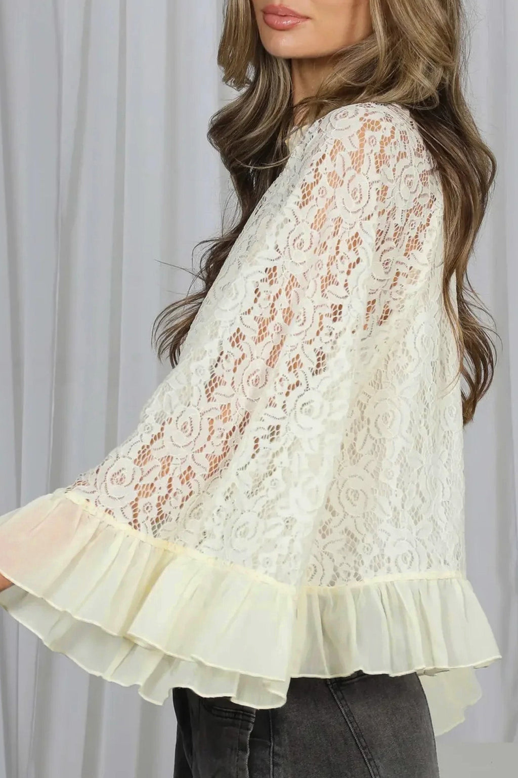 Sheer Lace Ruffle Trim Long Sleeve Blouse