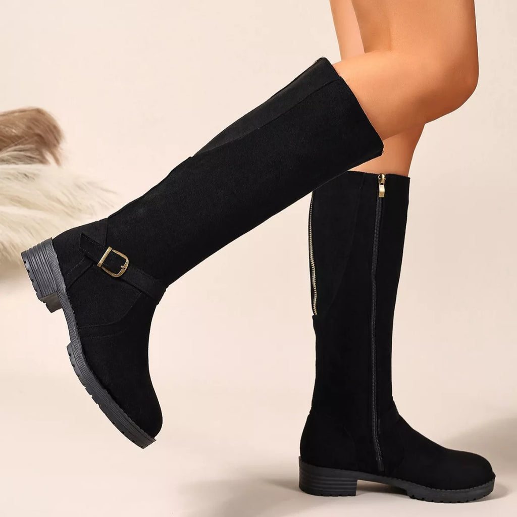 Knee-High Suede Buckle Accent Boots