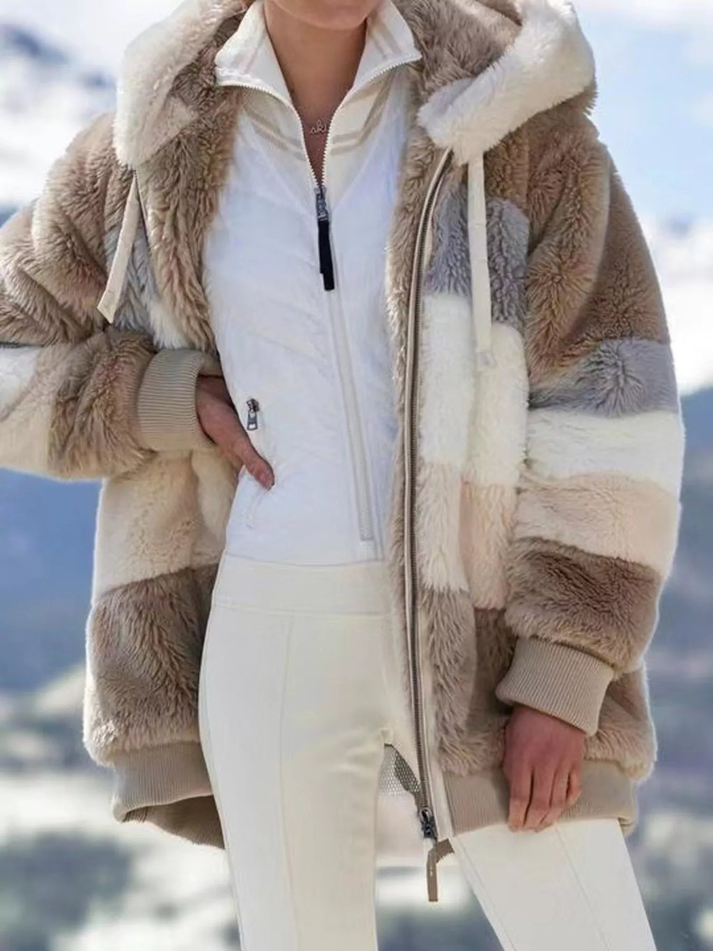 Full Size Fuzzy Zip Up Hooded Outerwear Plus Size