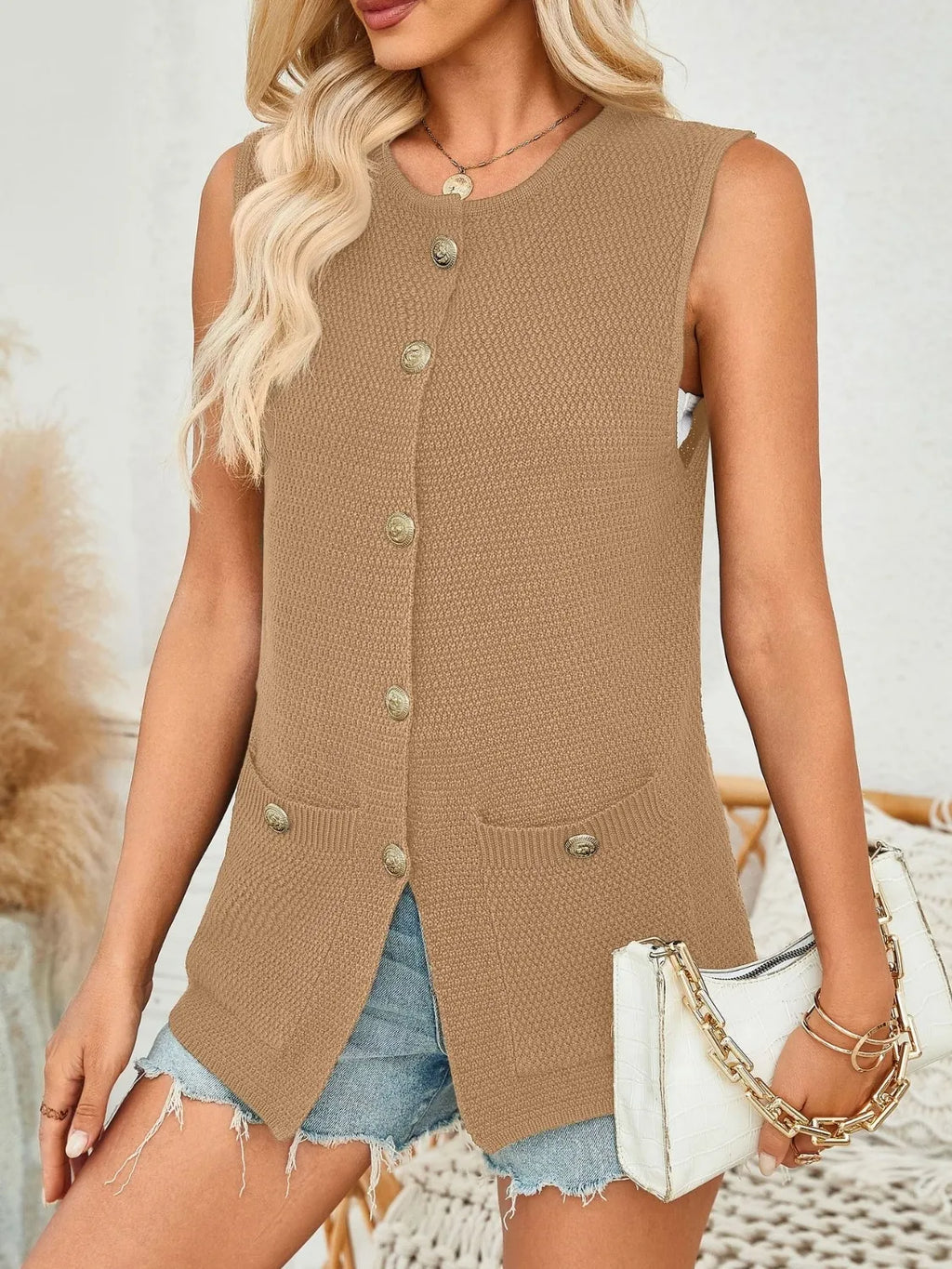 Button Down Round Neck Knit Vest