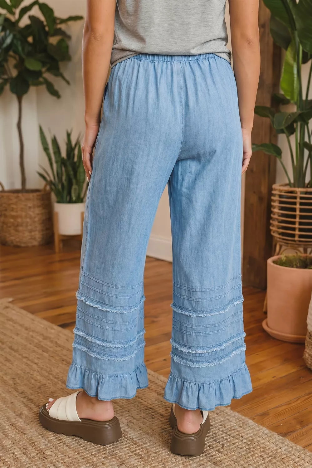 Ruffled Hem Wide Leg Chambray Jeans