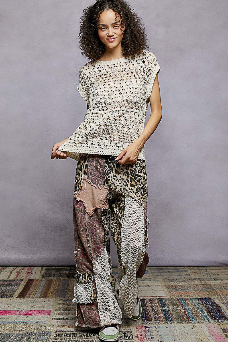 POL Openwork Round Neck Crochet Top