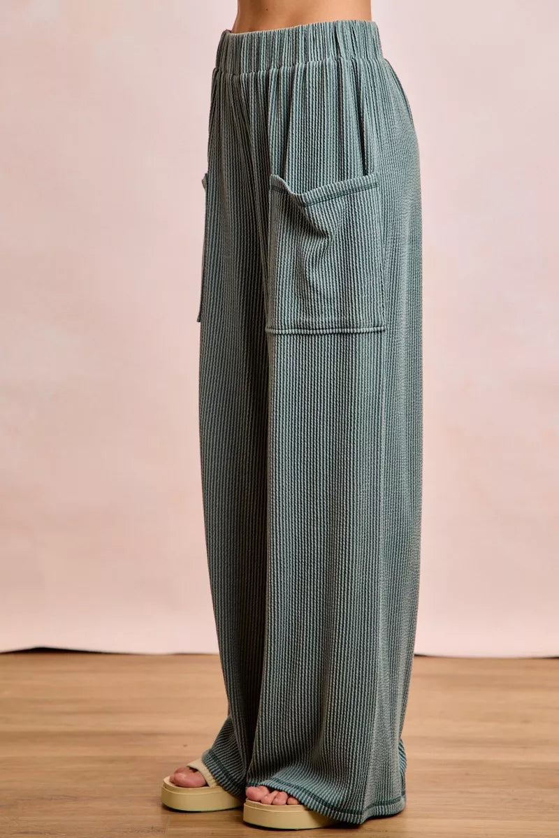 BiBi Two Tone Cord Rib Contrast Stitching V-Neck Top and Pants Set