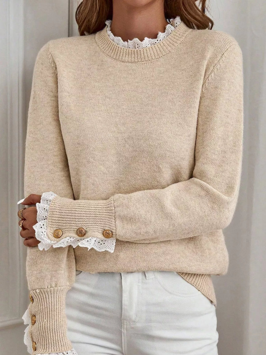 Lace Trim Button Cuff Long Sleeve Sweater