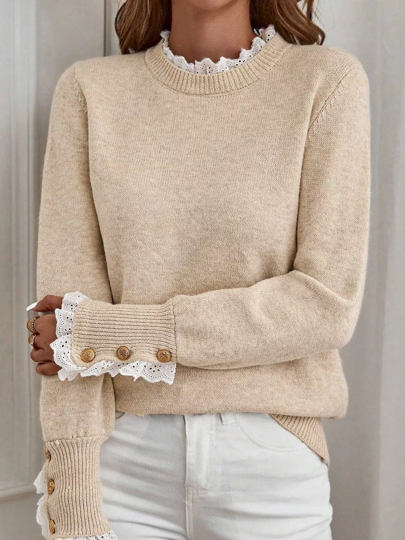 Lace Trim Button Cuff Long Sleeve Sweater