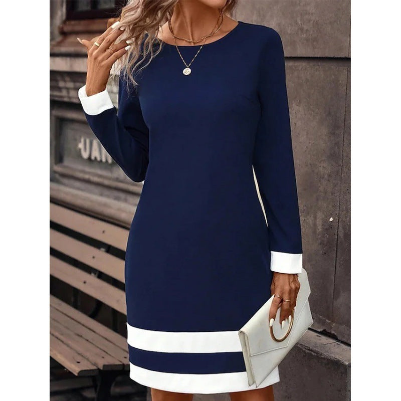 Fitted Color-Block Long-Sleeve Dress with Round Neckline