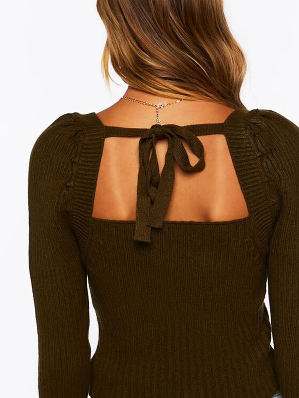 Ribbed Square Neck Long Sleeve Sweater