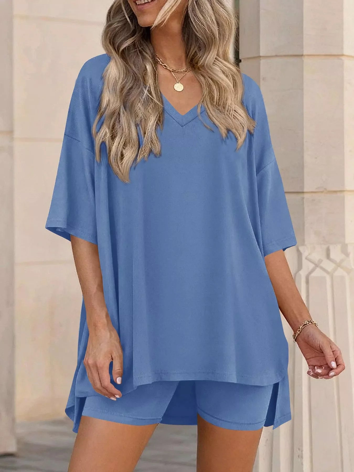 Full Size Casual Loose V-Neck T-Shirt & Shorts Set Plus Size