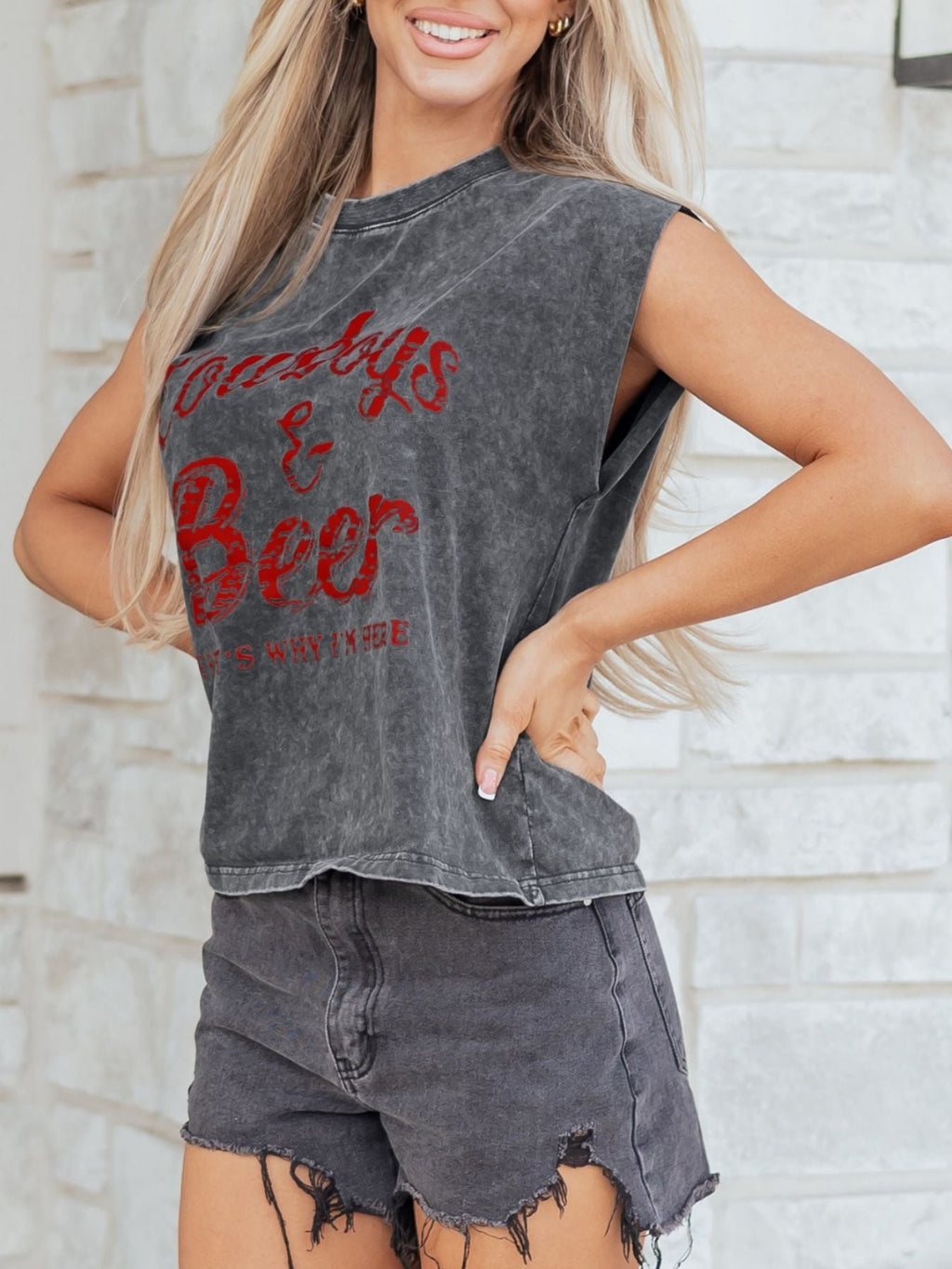 Cowboy & Beer Western Graphic Mineral Wash Tank Top