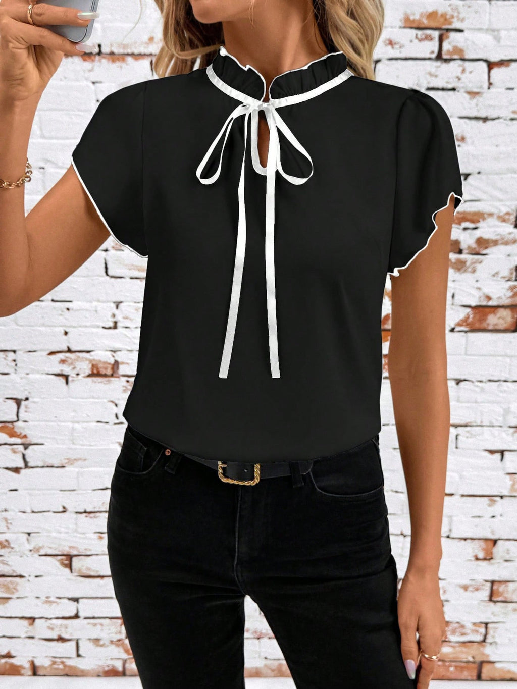 Tie Neck Short Sleeve Blouse