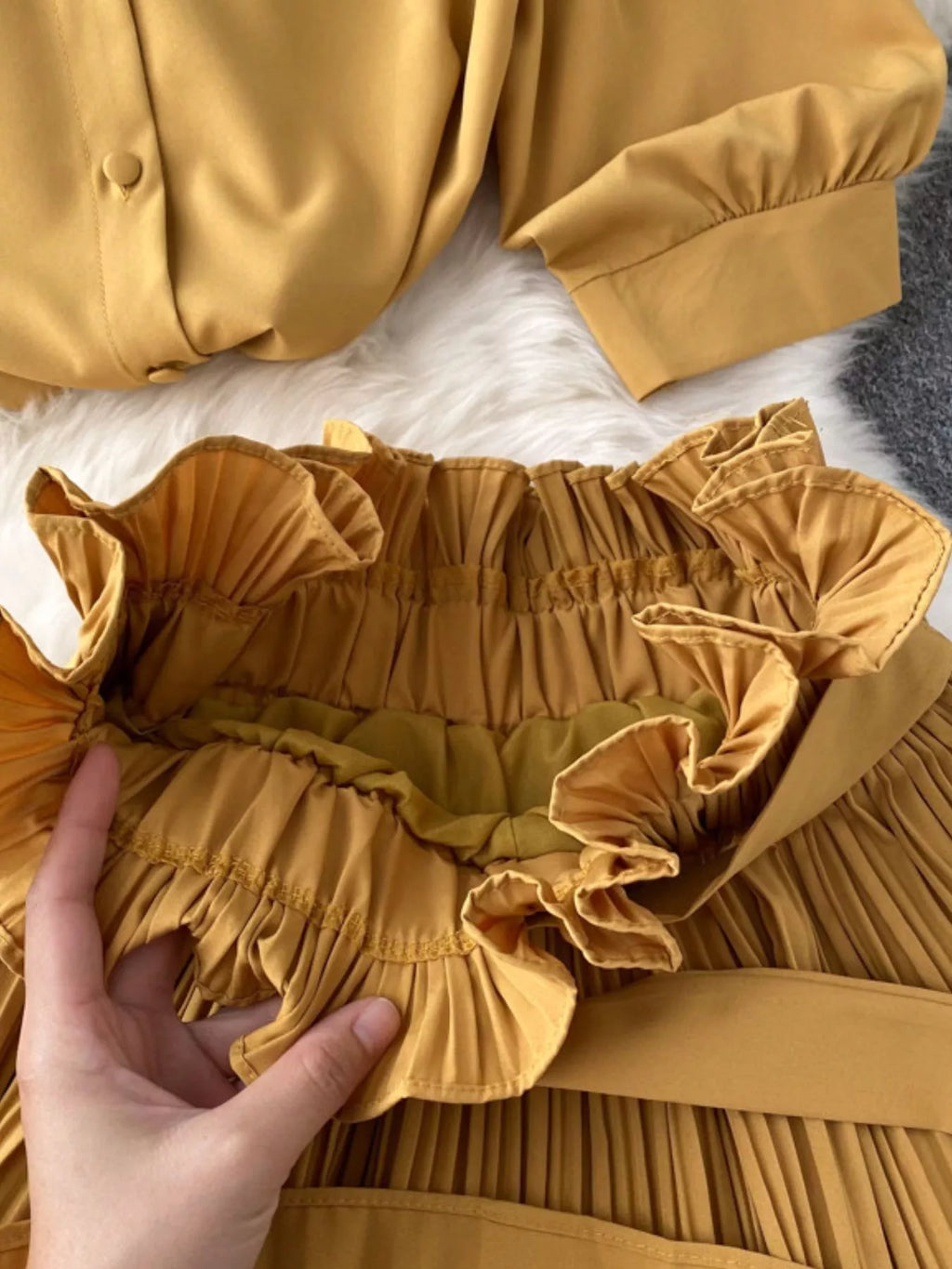 Puff Sleeve Shirt and Pleated Skirt Set