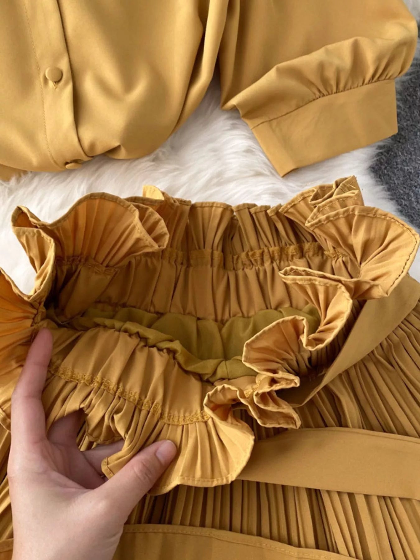 Puff Sleeve Shirt and Pleated Skirt Set