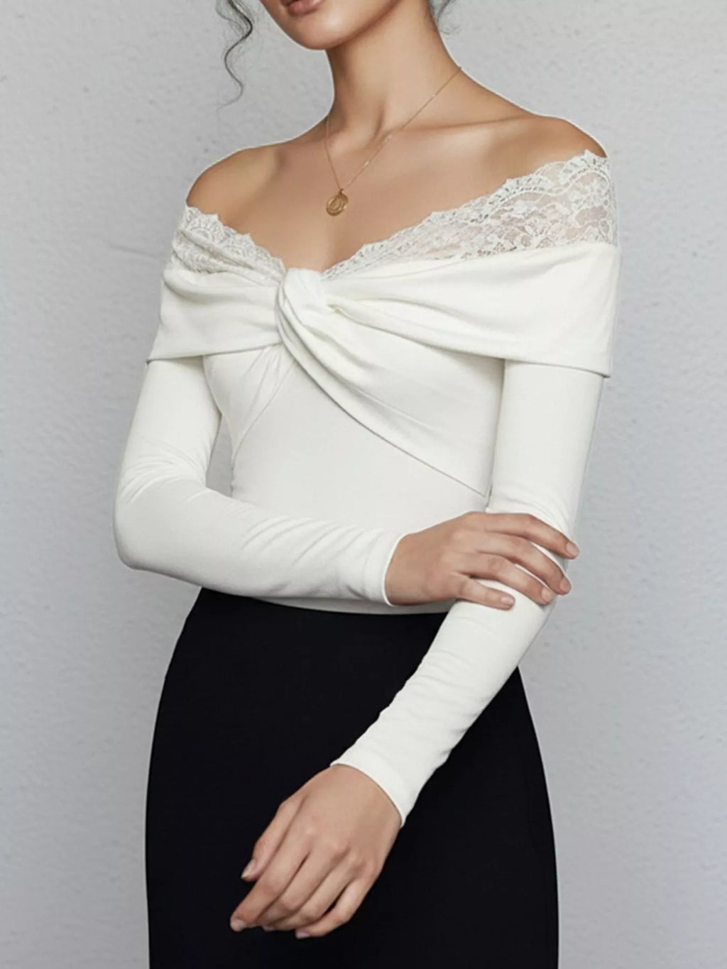 Lace Detail Off-Shoulder Long Sleeve Bodysuit
