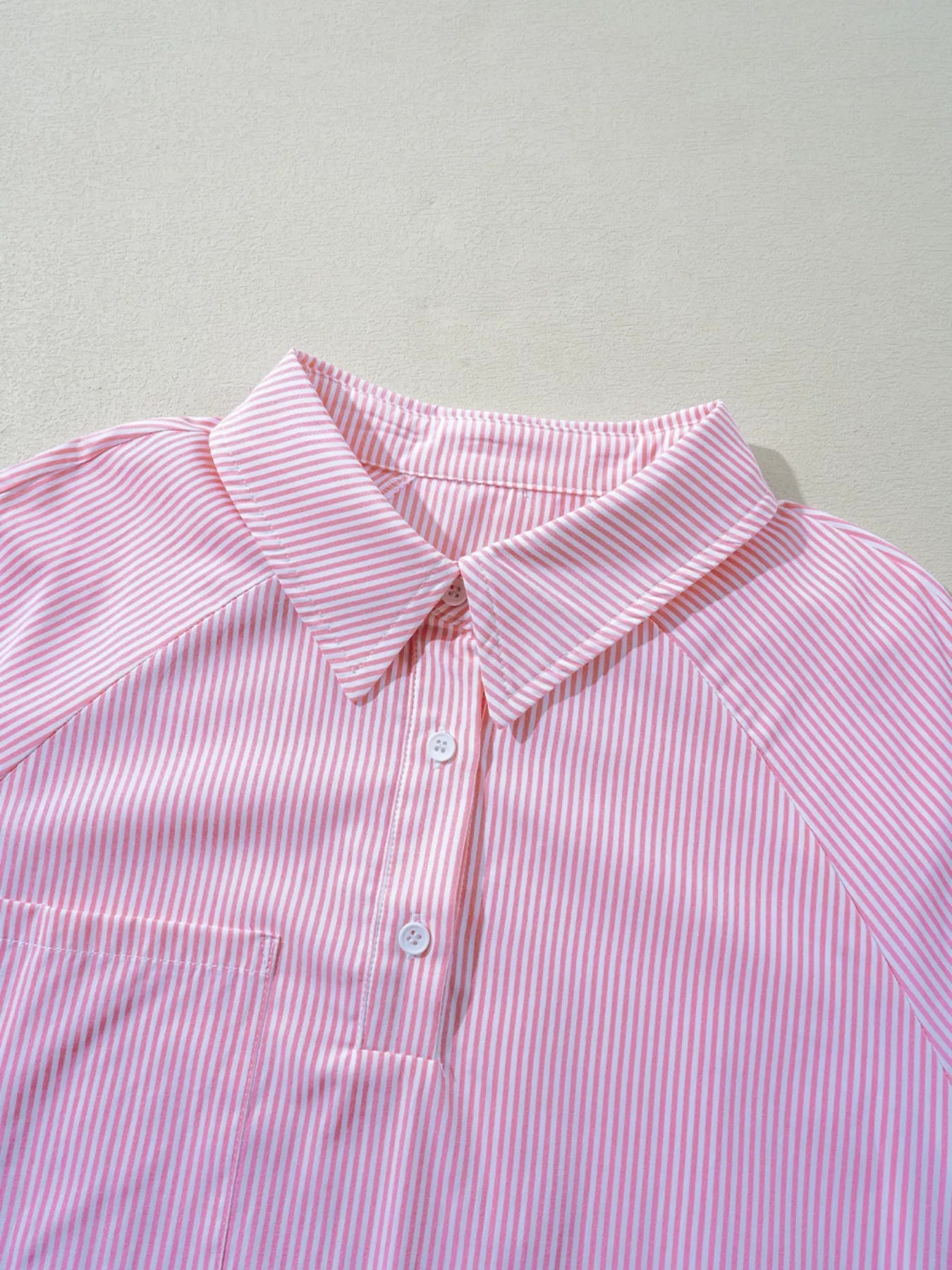 Pinstripe Long Sleeve Smocked Cuffs Button Shirt Collar Blouse
