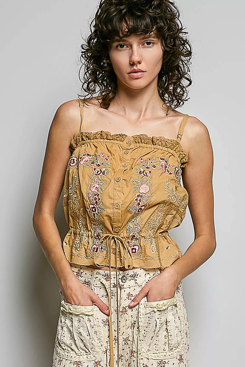 POL Button Down Floral Embroidered Cropped Cami with Lace Detail