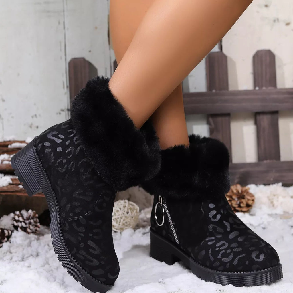 Fuzzy Cuff Leopard Print Ankle Boots
