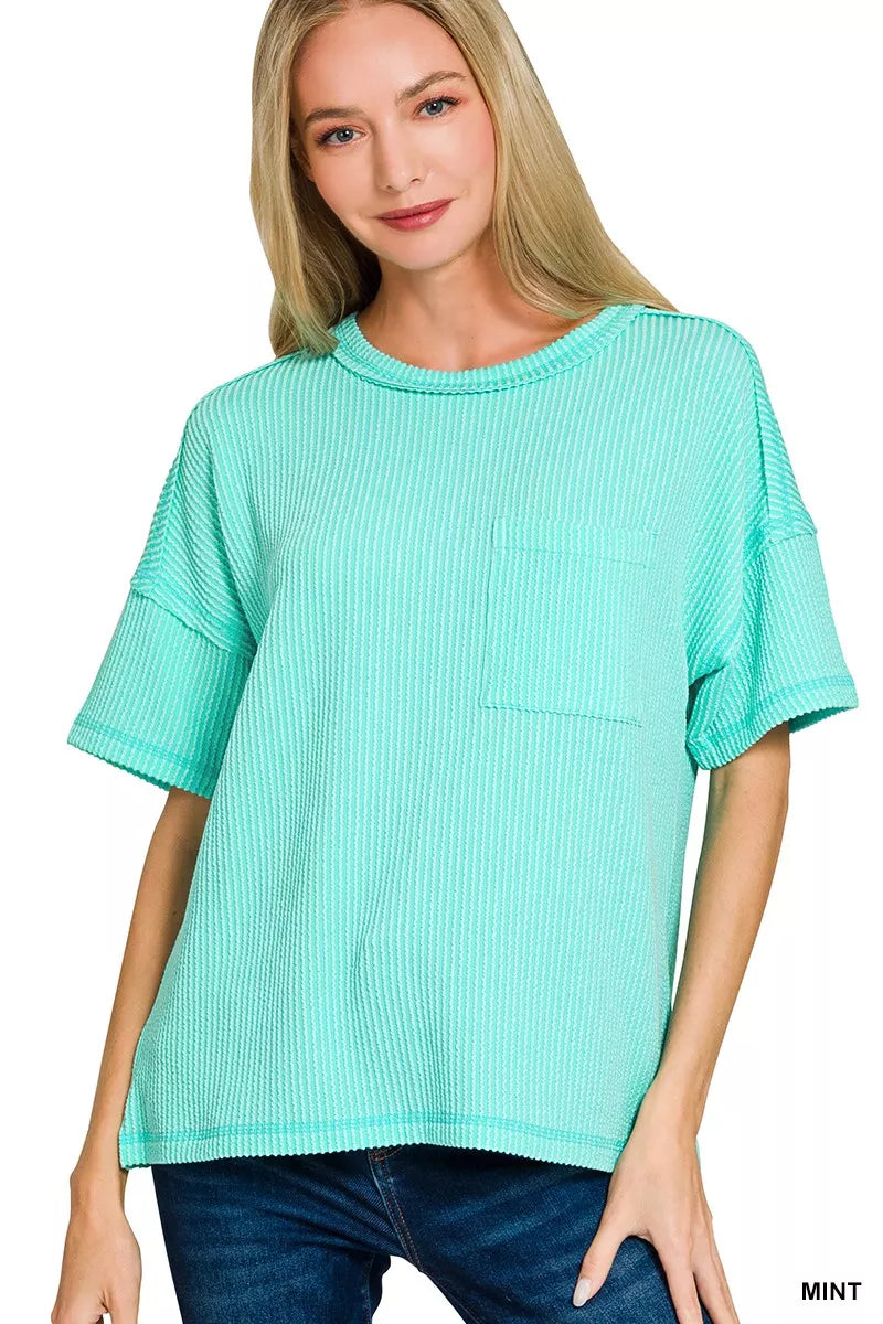 Zenana Raised Rib Exposed Seam Short Sleeve Top