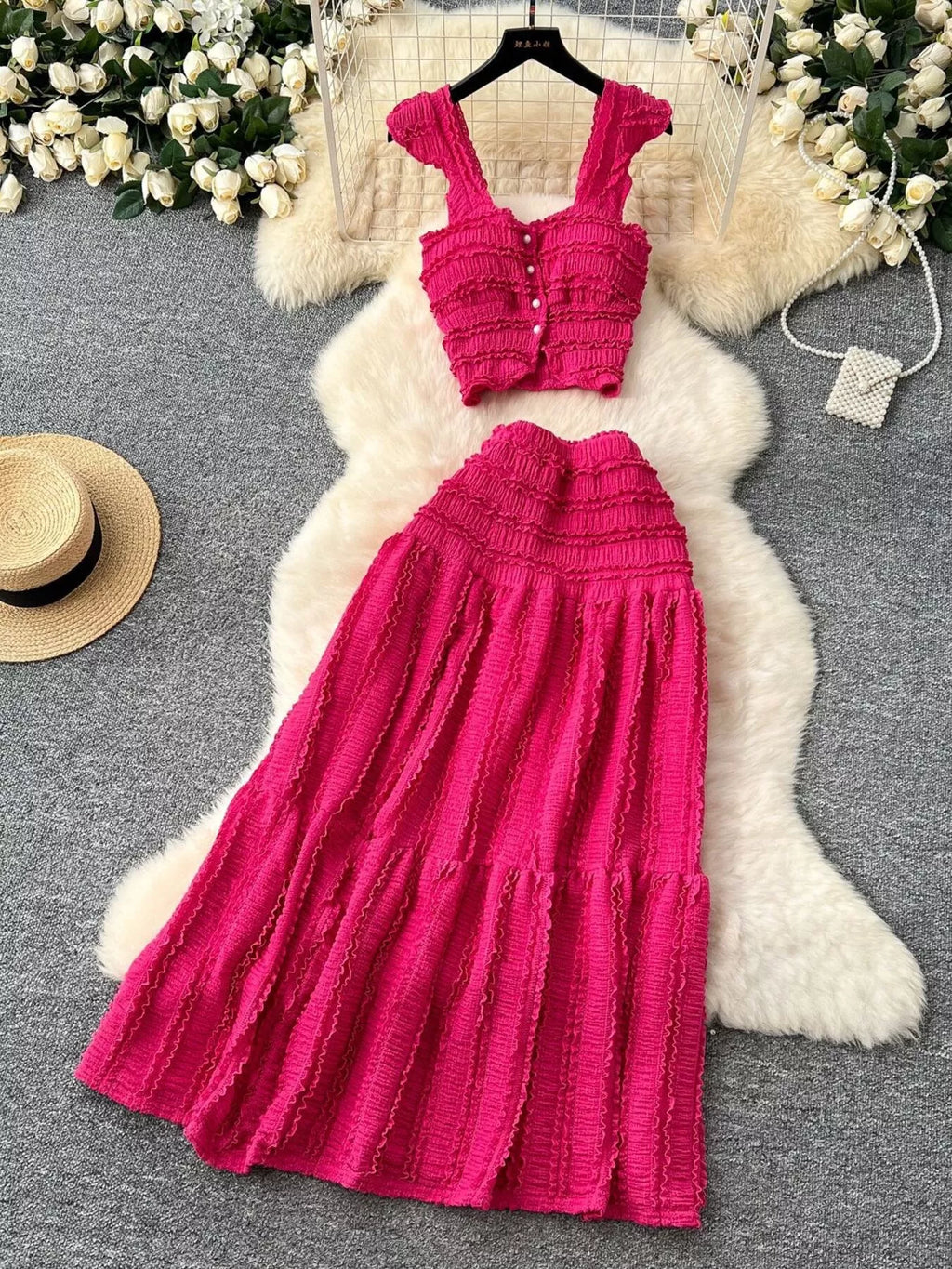 Textured Crop Top and Tiered Skirt Set
