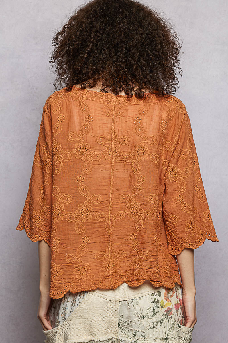 POL Floral Eyelet V-Neck Salloped Shirt