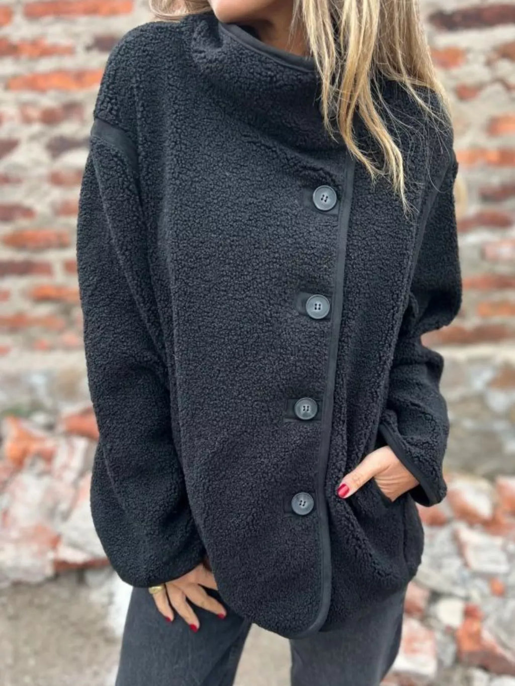 Full Size Button Up Long Sleeve Fleece Jacket Plus Size
